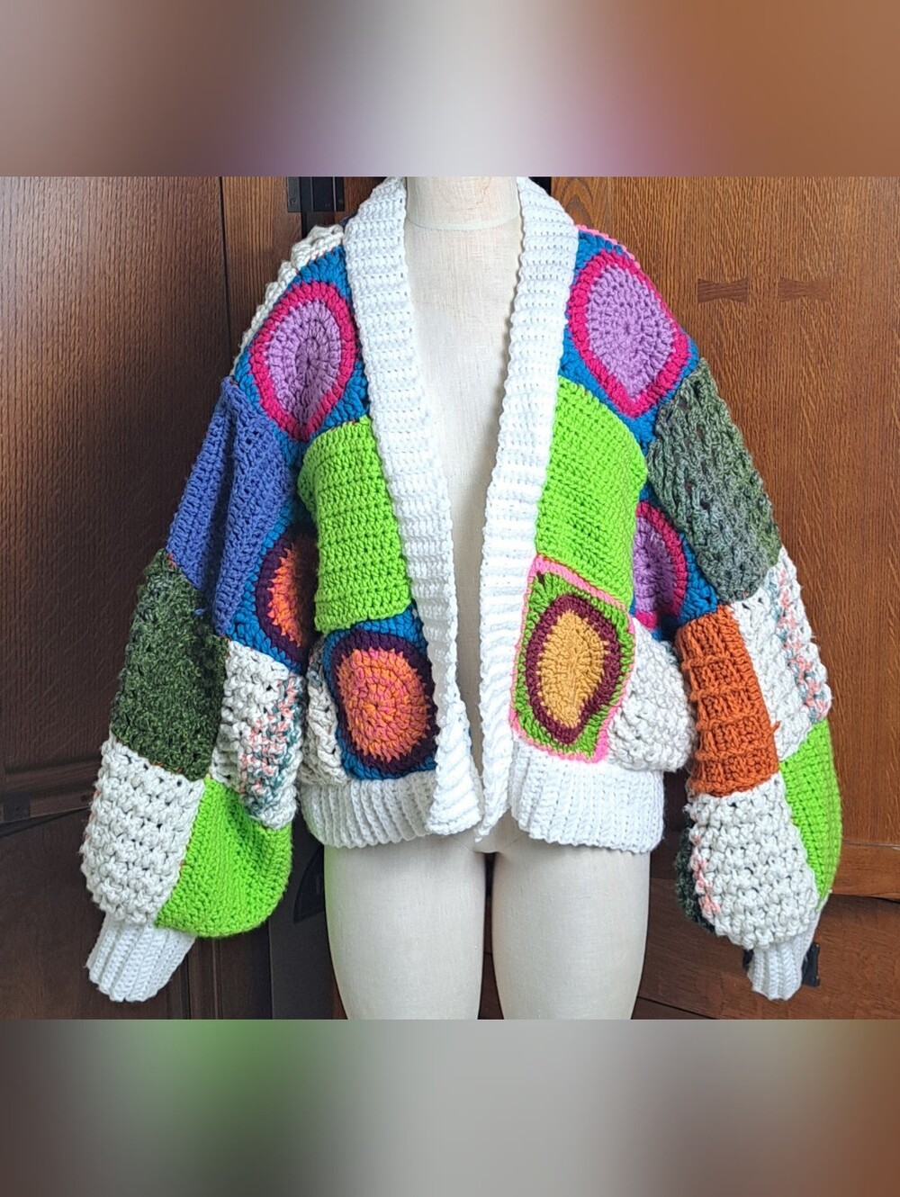 🌈 OOAK Handmade Crochet Circle Granny Square Cardigan One Size